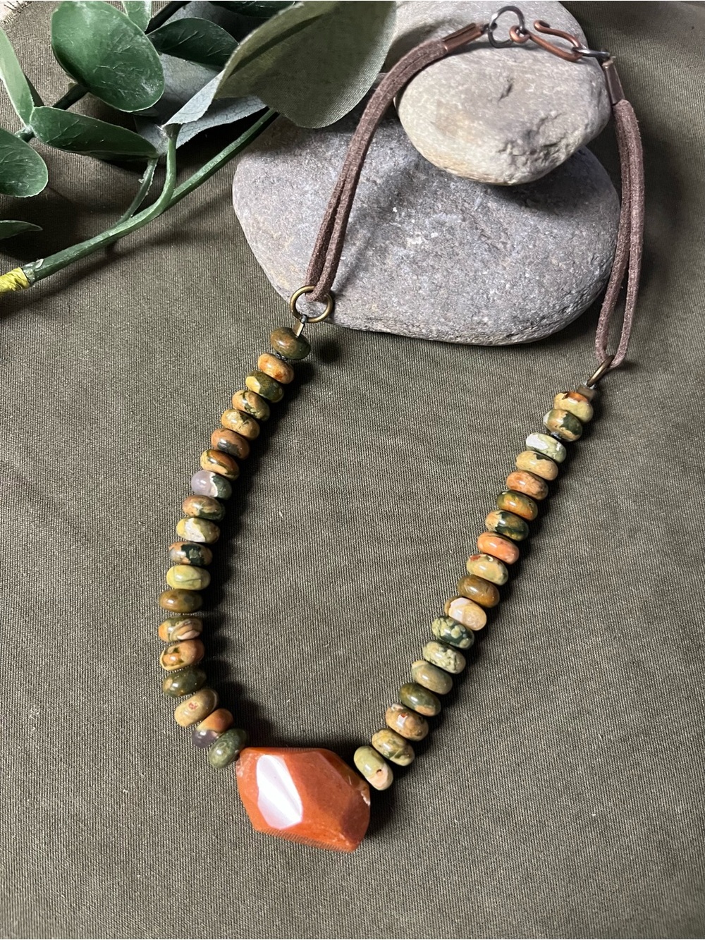 Handmade Brown & Olive Jasper Beads choker necklace with Rust gemstone pendant